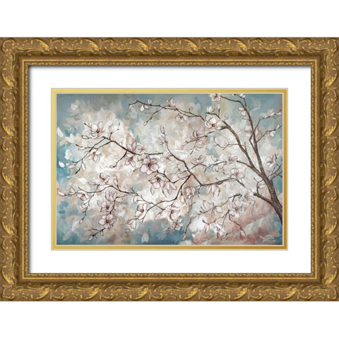 Magnolia branches on blue Gold Ornate Wood Framed Art Print with Double Matting by Tre Sorelle Studios