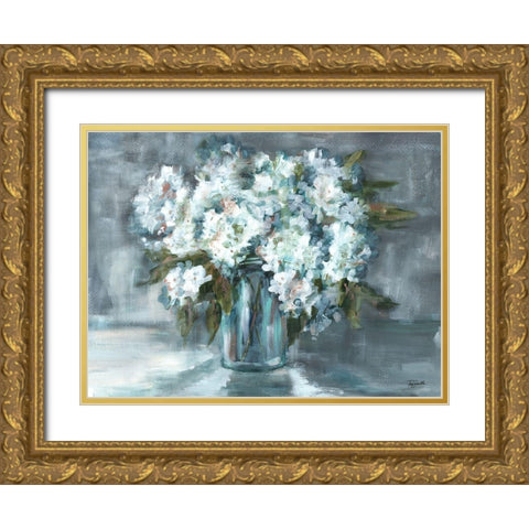 White Hydrangeas on Gray Landscape Gold Ornate Wood Framed Art Print with Double Matting by Tre Sorelle Studios