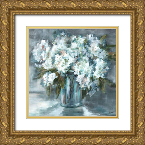 White Hydrangeas on Gray Gold Ornate Wood Framed Art Print with Double Matting by Tre Sorelle Studios