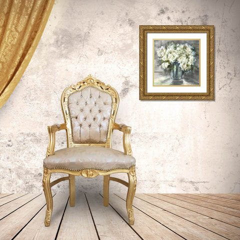 White and Taupe Hydrangeas Sill Life Gold Ornate Wood Framed Art Print with Double Matting by Tre Sorelle Studios