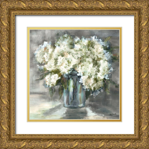 White and Taupe Hydrangeas Sill Life Gold Ornate Wood Framed Art Print with Double Matting by Tre Sorelle Studios