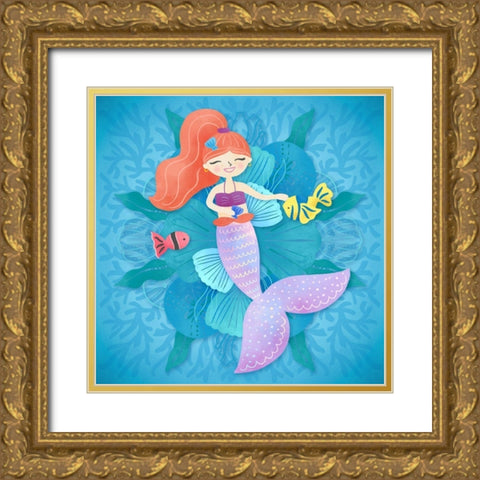 Mermaid red hair Gold Ornate Wood Framed Art Print with Double Matting by Noonday Design