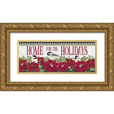 Chickadee Christmas Red-Home for the Holidays horizontal Gold Ornate Wood Framed Art Print with Double Matting by Reed, Tara