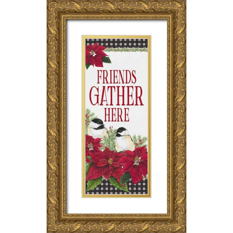 Chickadee Christmas Red-Friends Gather vertical Gold Ornate Wood Framed Art Print with Double Matting by Reed, Tara
