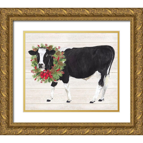 Christmas on the Farm III-Cow with Wreath Gold Ornate Wood Framed Art Print with Double Matting by Reed, Tara