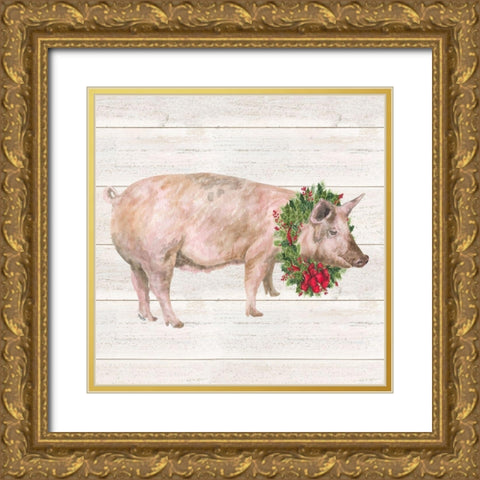 Christmas on the Farm IV-Pig Gold Ornate Wood Framed Art Print with Double Matting by Reed, Tara