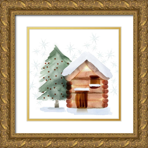 Christmas Hinterland IV-Tree and Cabin Gold Ornate Wood Framed Art Print with Double Matting by Northern Lights