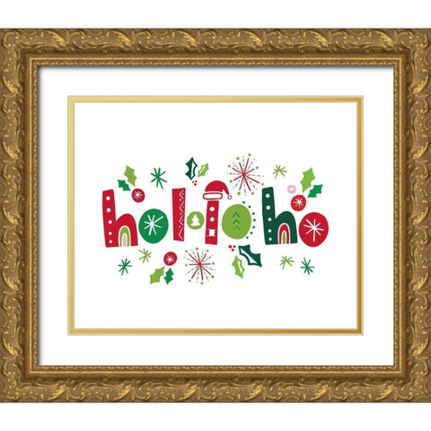 Festive Lettering-Ho Ho Ho Gold Ornate Wood Framed Art Print with Double Matting by Noonday Design