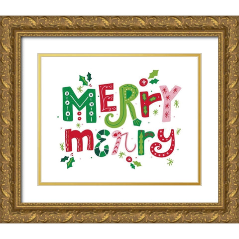 Festive Lettering-Merry Merry Gold Ornate Wood Framed Art Print with Double Matting by Noonday Design