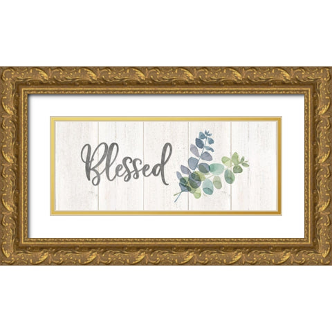 Natural Inspiration Blue Blessings sign Gold Ornate Wood Framed Art Print with Double Matting by Reed, Tara