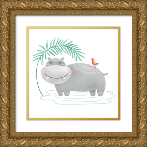 Playful Pals- Hippo Gold Ornate Wood Framed Art Print with Double Matting by Noonday Designs