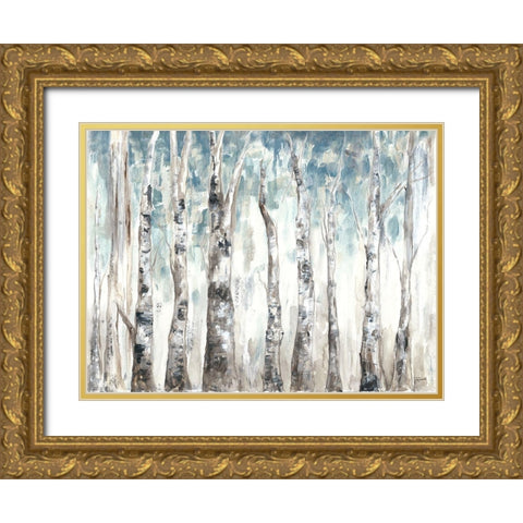 Winter Aspen Trunks Blue  Gold Ornate Wood Framed Art Print with Double Matting by Tre Sorelle Studios