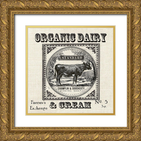 Farmhouse Grain Sack Label Cow Gold Ornate Wood Framed Art Print with Double Matting by Tre Sorelle Studios