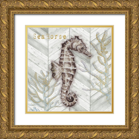 Gray Gold Chevron Seahorse Gold Ornate Wood Framed Art Print with Double Matting by Tre Sorelle Studios