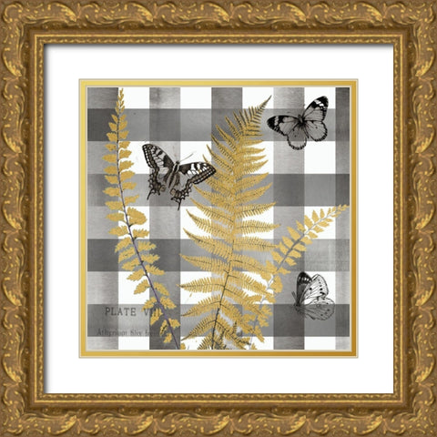 Buffalo Check Ferns and Butterflies Neutral I Gold Ornate Wood Framed Art Print with Double Matting by Tre Sorelle Studios