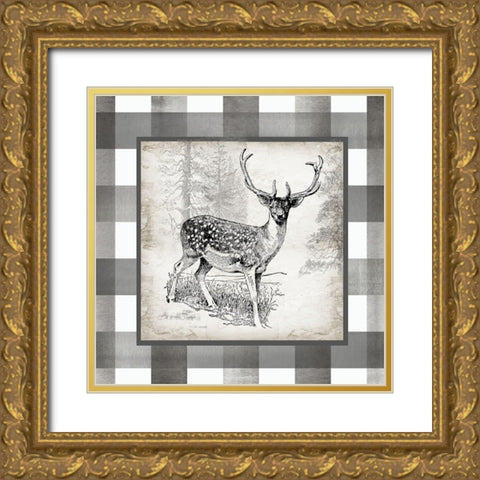 Buffalo Check Deer Neutral I Gold Ornate Wood Framed Art Print with Double Matting by Tre Sorelle Studios