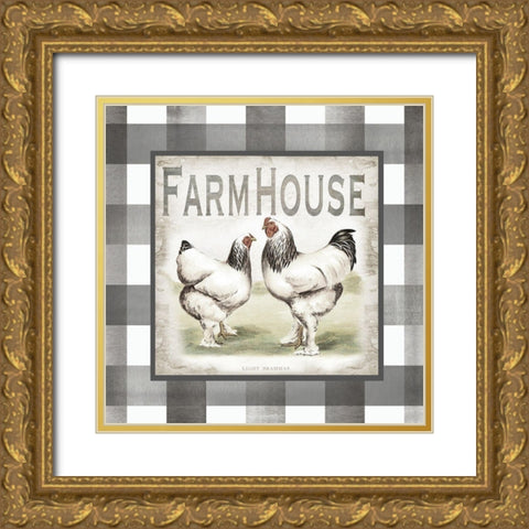Buffalo Check Farm House Chickens Neutral I Gold Ornate Wood Framed Art Print with Double Matting by Tre Sorelle Studios