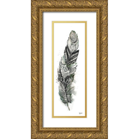 Tribal Feather Neutral Panel II Gold Ornate Wood Framed Art Print with Double Matting by Tre Sorelle Studios