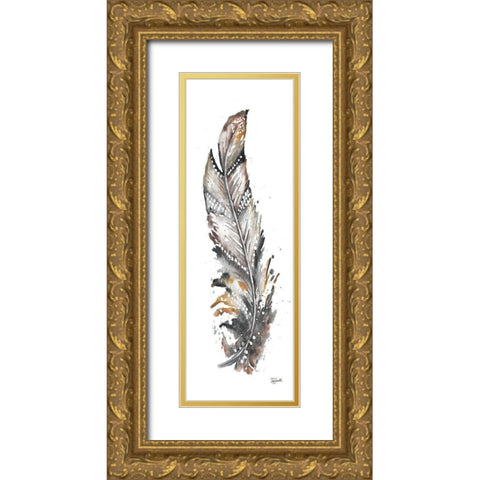 Tribal Feather Neutral Panel III Gold Ornate Wood Framed Art Print with Double Matting by Tre Sorelle Studios