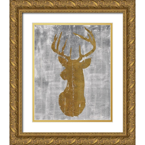 Rustic Lodge Animals Deer Head on Grey Gold Ornate Wood Framed Art Print with Double Matting by Cusson, Marie Elaine