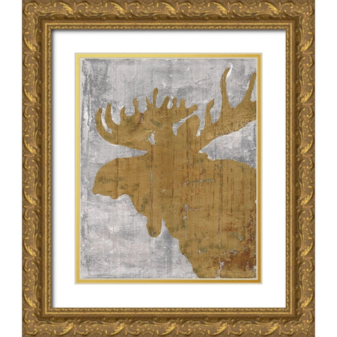 Rustic Lodge Animals Moose on Grey Gold Ornate Wood Framed Art Print with Double Matting by Cusson, Marie Elaine