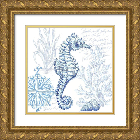 Coastal Sketchbook Sea Horse Gold Ornate Wood Framed Art Print with Double Matting by Tre Sorelle Studios