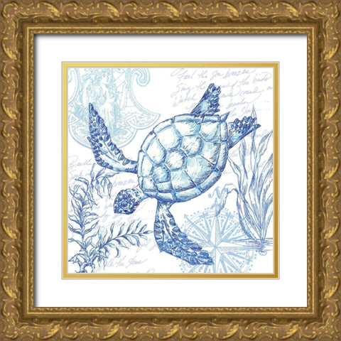Coastal Sketchbook Turtle Gold Ornate Wood Framed Art Print with Double Matting by Tre Sorelle Studios