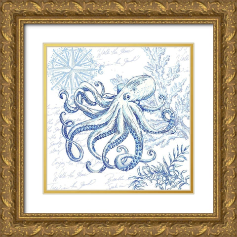 Coastal Sketchbook Octopus Gold Ornate Wood Framed Art Print with Double Matting by Tre Sorelle Studios