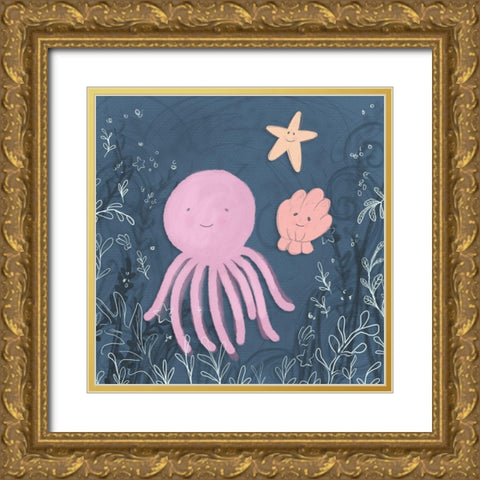 Mermaid and Octopus Navy II Gold Ornate Wood Framed Art Print with Double Matting by Hartworks