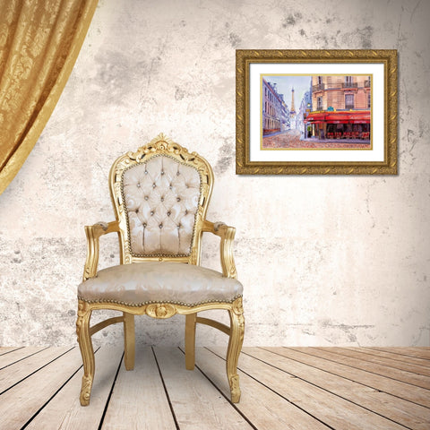 Paris Cafe w/Eiffel Gold Ornate Wood Framed Art Print with Double Matting by Bannarot