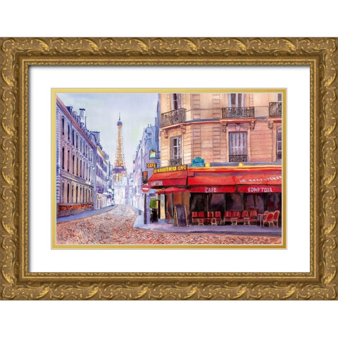 Paris Cafe w/Eiffel Gold Ornate Wood Framed Art Print with Double Matting by Bannarot