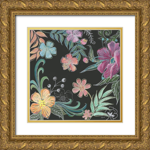 Boho Florals on Black II Gold Ornate Wood Framed Art Print with Double Matting by Tre Sorelle Studios