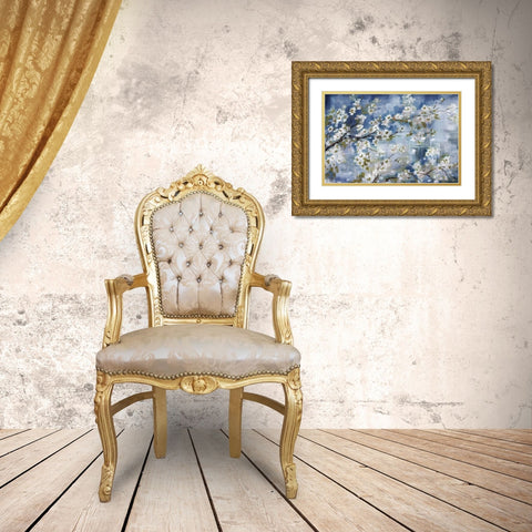 Cherry Blossoms Branch Blue and White landscape Gold Ornate Wood Framed Art Print with Double Matting by Tre Sorelle Studios