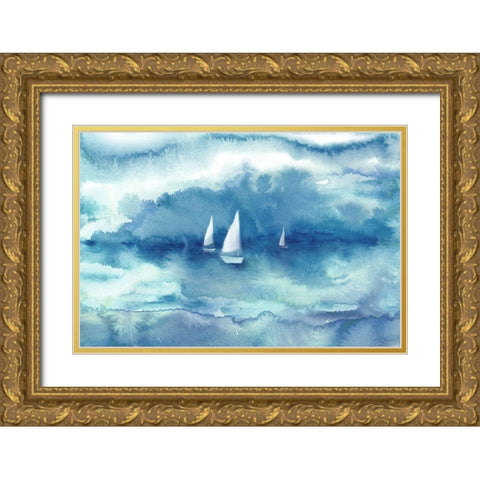 Watercolor Sailboat Abstract Blue Gold Ornate Wood Framed Art Print with Double Matting by Tre Sorelle Studios