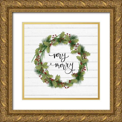 Cozy Christmas Wreath I Gold Ornate Wood Framed Art Print with Double Matting by Hartworks