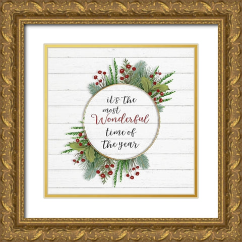 Cozy Christmas Wreath II Gold Ornate Wood Framed Art Print with Double Matting by Hartworks