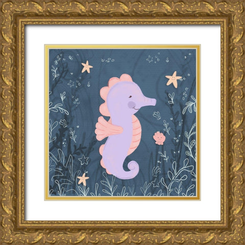 Seahorse and Turtle Blue I Gold Ornate Wood Framed Art Print with Double Matting by Hartworks