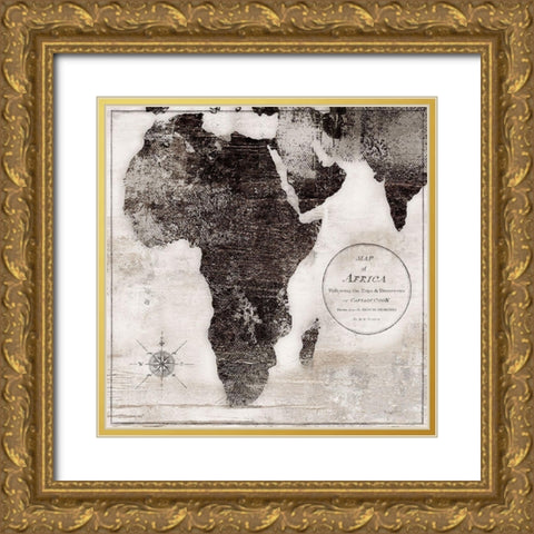 World Map Black and White I-Africa Gold Ornate Wood Framed Art Print with Double Matting by Cusson, Marie-Elaine