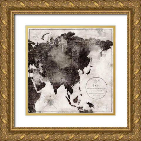 World Map Black and White II-Asia Gold Ornate Wood Framed Art Print with Double Matting by Cusson, Marie-Elaine