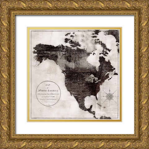 World Map Black and White IV-North America Gold Ornate Wood Framed Art Print with Double Matting by Cusson, Marie-Elaine