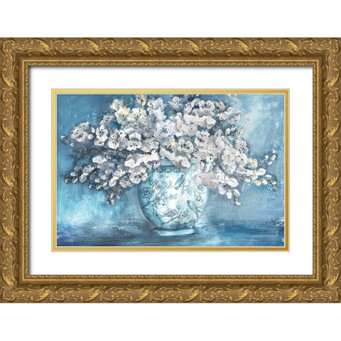 Cherry Blossoms in Chinoiserie Ginger Jar white Gold Ornate Wood Framed Art Print with Double Matting by Tre Sorelle Studios