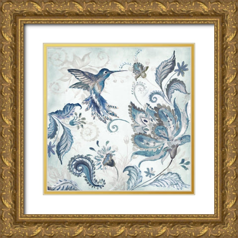 Watercolor Boho Blue Hummingbird I Gold Ornate Wood Framed Art Print with Double Matting by Tre Sorelle Studios