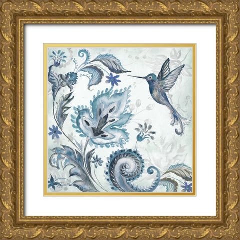 Watercolor Boho Blue Hummingbird II Gold Ornate Wood Framed Art Print with Double Matting by Tre Sorelle Studios