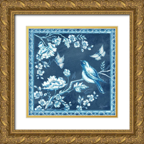 Chinoiserie Tile blue II Gold Ornate Wood Framed Art Print with Double Matting by Tre Sorelle Studios