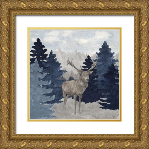 Blue Cliff Mountains scene II-Deer Gold Ornate Wood Framed Art Print with Double Matting by Reed, Tara