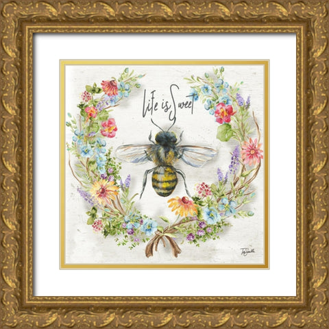 Honey Bee and Herb Blossom Wreath I Gold Ornate Wood Framed Art Print with Double Matting by Tre Sorelle Studios