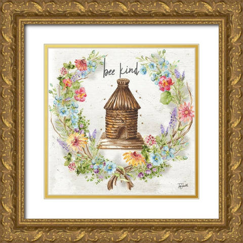 Honey Bee and Herb Blossom Wreath III Gold Ornate Wood Framed Art Print with Double Matting by Tre Sorelle Studios