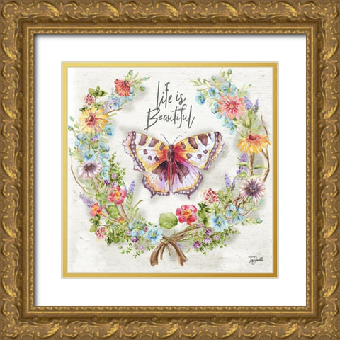 Butterfly and Herb Blossom WreathÂ  Gold Ornate Wood Framed Art Print with Double Matting by Tre Sorelle Studios