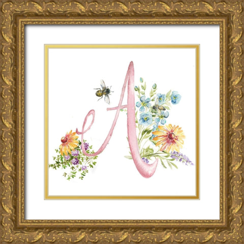 Watercolor Herb Blossom Monogram A Gold Ornate Wood Framed Art Print with Double Matting by Tre Sorelle Studios