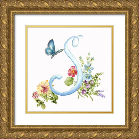 Watercolor Herb Blossom Monogram S Gold Ornate Wood Framed Art Print with Double Matting by Tre Sorelle Studios